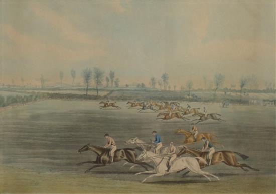 Harris after Pollard, a set of 4 coloured aquatints, The Aylesbury Grand Steeple Chase, 52 x 66cm, maple framed.